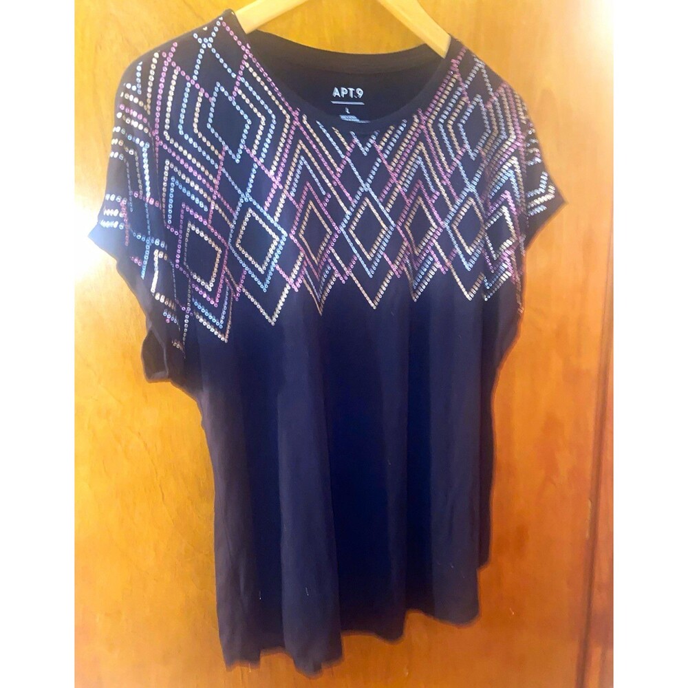 Apt. 9 Women’s Black Geometric Rhinestone Stretch Knit Tee Top Size L